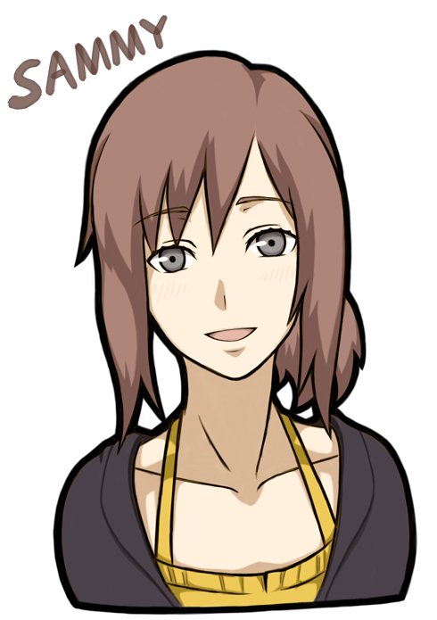 brown_eyes, brown_hair, eve_no_jikan, halterneck, head_tilt, sammy_(eve_no_jikan), smile, solo