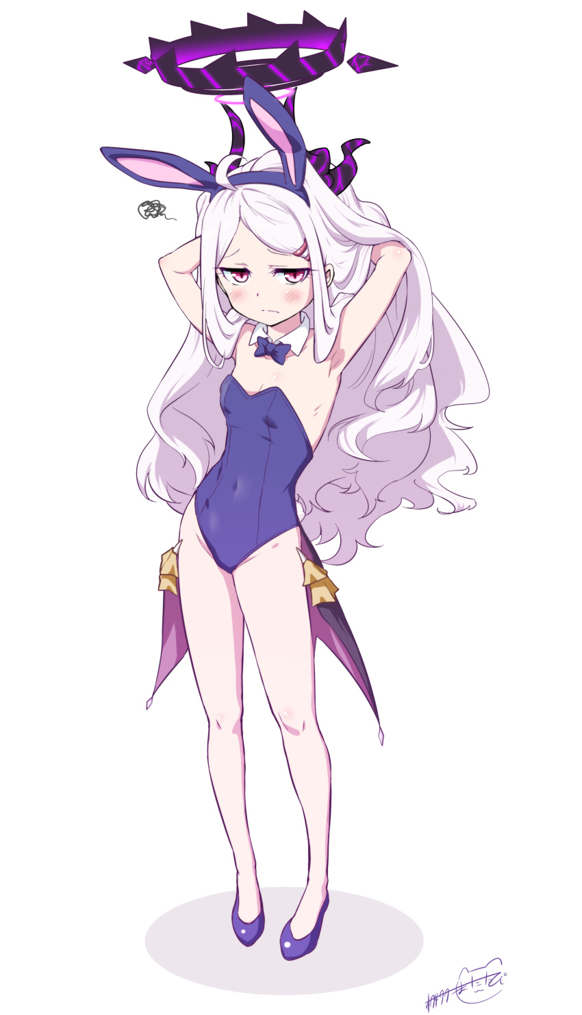 1girl, absurdres, adjusting_hair, alternate_costume, animal_ears, armpits, arms_behind_head, blue_archive