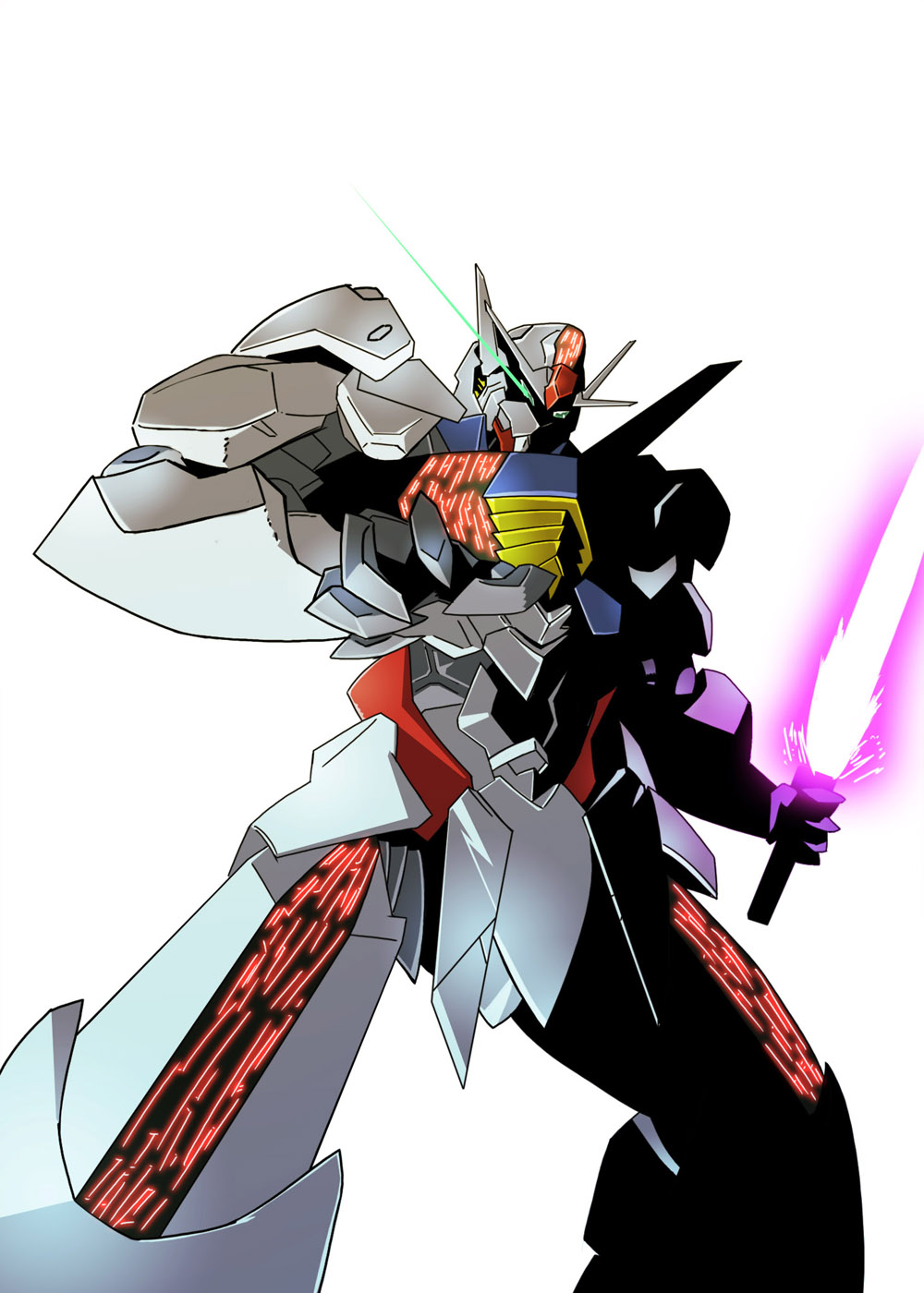 energy_sword, claws, commentary, glowing, green_eyes, gundam, gundam_aerial, gundam_suisei_no_majo, highres, left-handed, looking_at_viewer, mecha, mobile_suit, no_humans, oro_(0117002), robot, solo, sword, v-fin, weapon, white_background