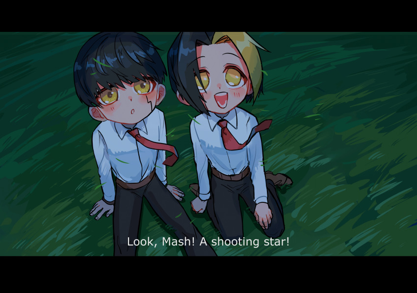 2boys, black_hair, black_pants, blush, brown_footwear, child, finn_ames, grass, happy, highres, lalamelonflora, letterboxed, mash_burnedead, mashle, multiple_boys, necktie, on_ground, open_mouth, pants, red_necktie, sitting, surprised, teeth, wind, yellow_eyes