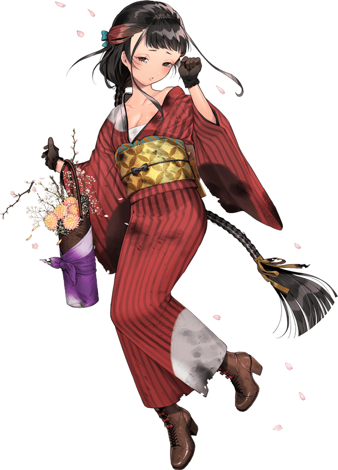 1girl, black_eyes, black_gloves, black_hair, boots, braid, brown_boots, collarbone, flower, full_body, gloves, high_heel_boots, high_heels, holding, japanese_clothes, kantai_collection, kimono, lace-up_boots, long_hair, long_sleeves, obi, official_alternate_costume, official_art, open_mouth, pink_flower, red_kimono, sash, single_braid, solo, torn_clothes, torn_kimono, transparent_background, umihara_sakana, wide_sleeves, yamashio_maru_(kancolle), yamashio_maru_(spring_2022)_(kancolle)
