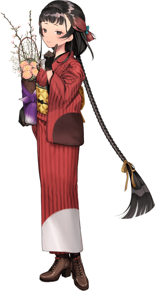 1girl, black_eyes, black_gloves, black_hair, blush, boots, braid, brown_boots, closed_mouth, flower, full_body, gloves, high_heel_boots, high_heels, holding, index_finger_raised, japanese_clothes, kantai_collection, kimono, lace-up_boots, long_hair, long_sleeves, obi, official_alternate_costume, official_art, pink_flower, red_kimono, sash, single_braid, smile, solo, transparent_background, umihara_sakana, wide_sleeves, yamashio_maru_(kancolle), yamashio_maru_(spring_2022)_(kancolle)