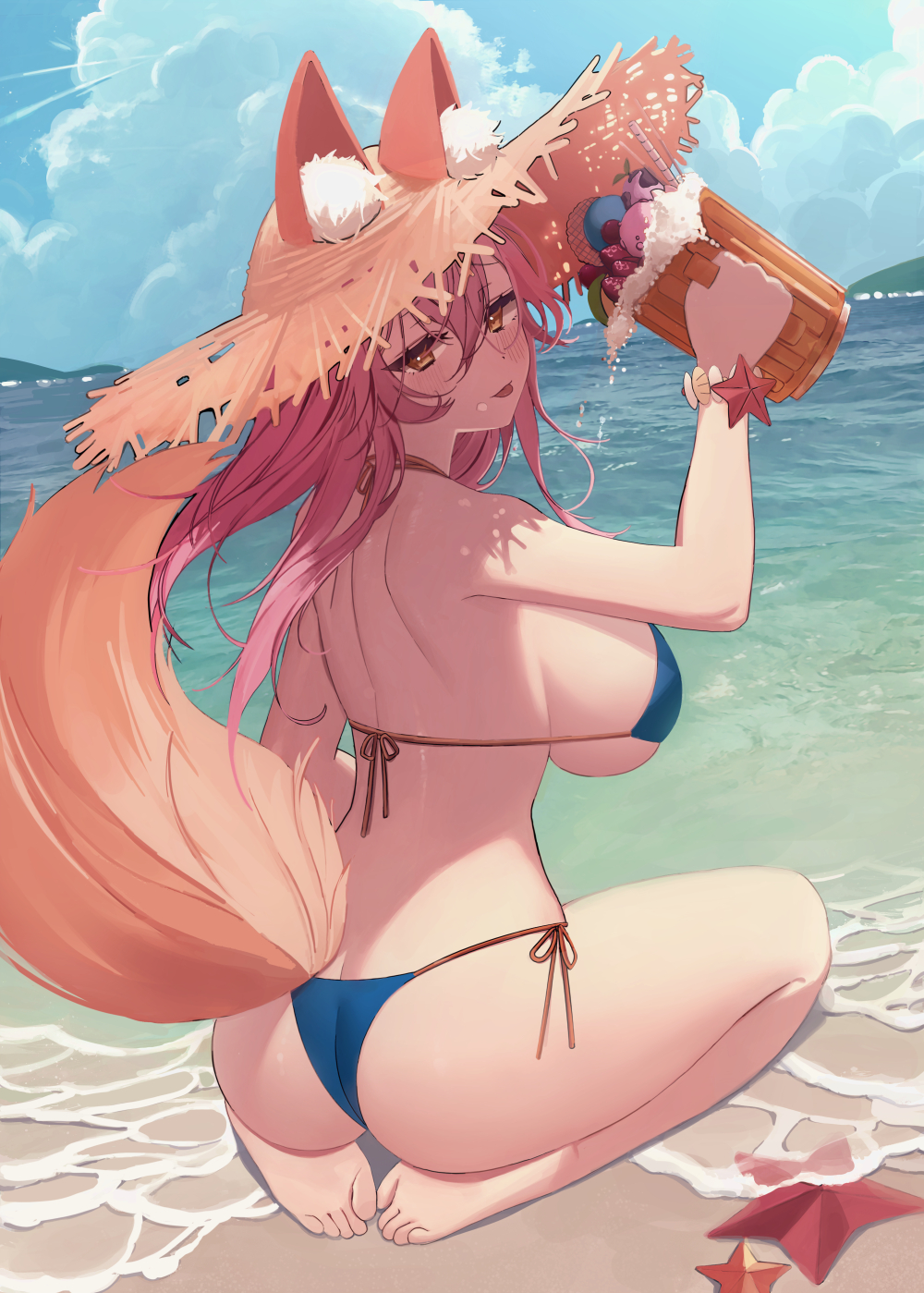 1girl, animal_ear_fluff, animal_ears, ass, back, bare_arms, bare_shoulders, barefoot