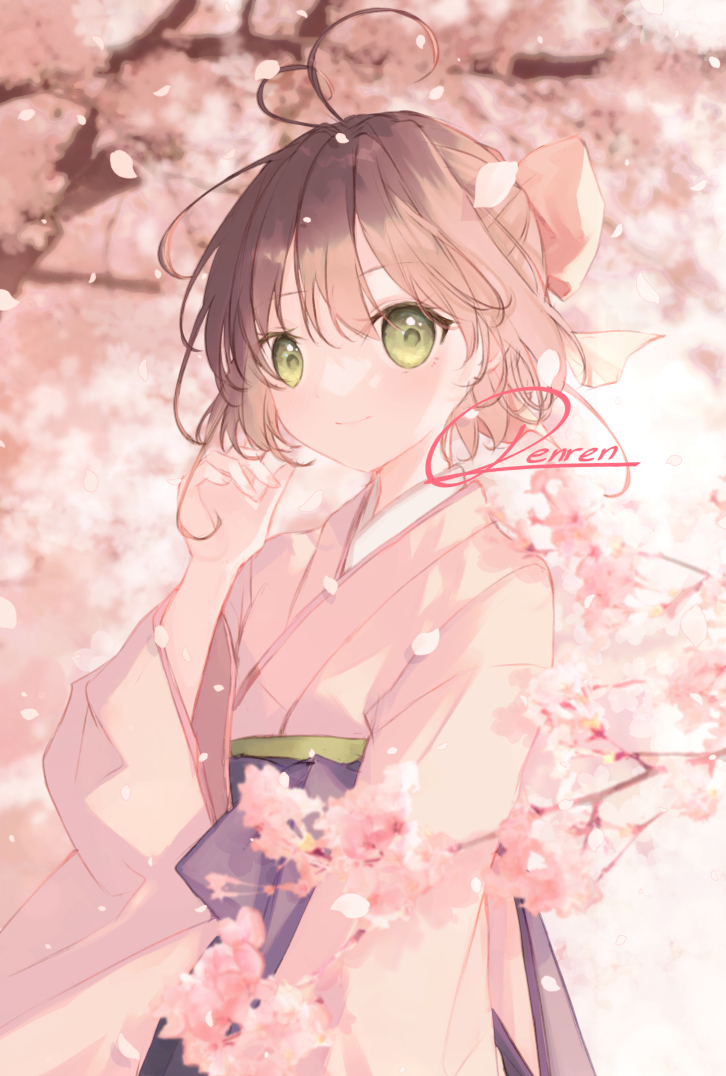 1girl, artist_name, brown_hair, cardcaptor_sakura, cherry_blossoms, green_eyes, hair_ribbon, japanese_clothes