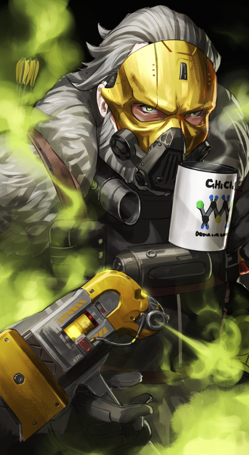 1boy, absurdres, animification, apex_legends, beard, black_background, blackheart_caustic, caustic_(apex_legends), cup, death_hammer_(apex_legends), facial_hair, gas_mask, green_eyes, grey_hair, hair_slicked_back, hammer, highres, holding, holding_cup, holding_hammer, looking_at_viewer, male_focus, mask, mug, nemoto_yuuma, official_alternate_costume, smoke, solo, upper_body