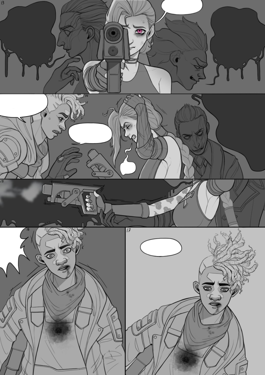 1girl, 3boys, arcane:_league_of_legends, arcane_jinx, blood, braid, breasts, clenched_teeth