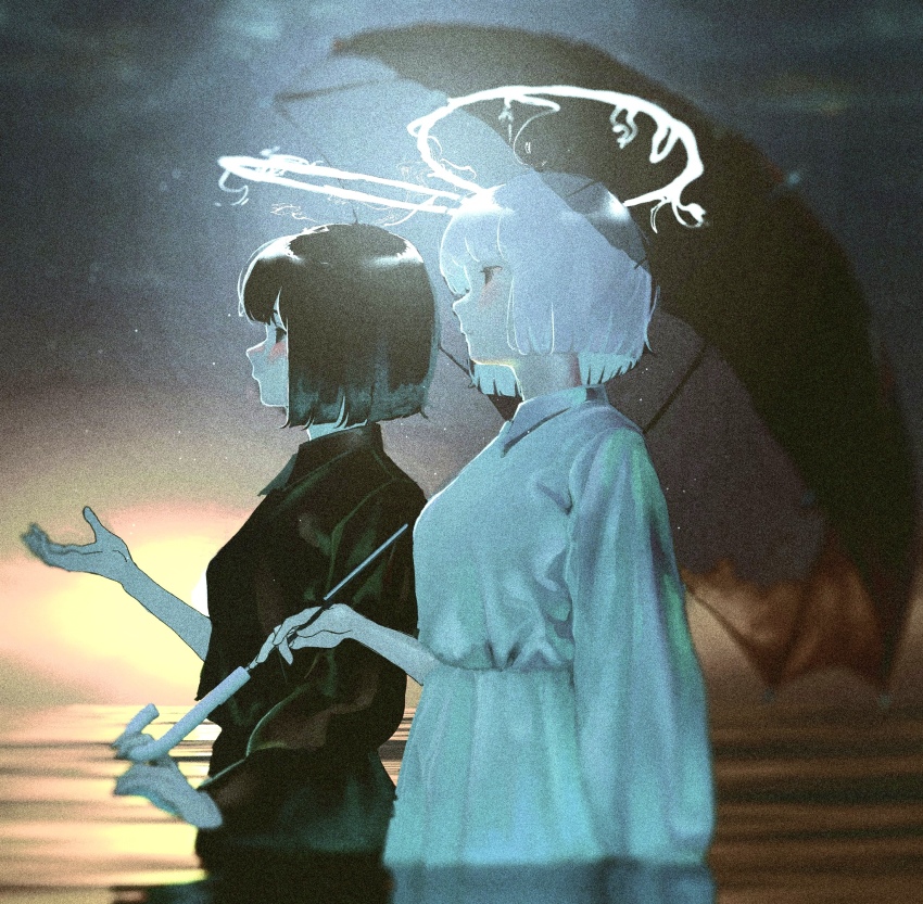 2girls, black_dress, blush, dress, film_grain, from_side, halo, highres, holding, holding_umbrella, melting_halo, multiple_girls, natari, original, pale_skin, partially_submerged, short_hair, sky, umbrella, wading, water, white_dress