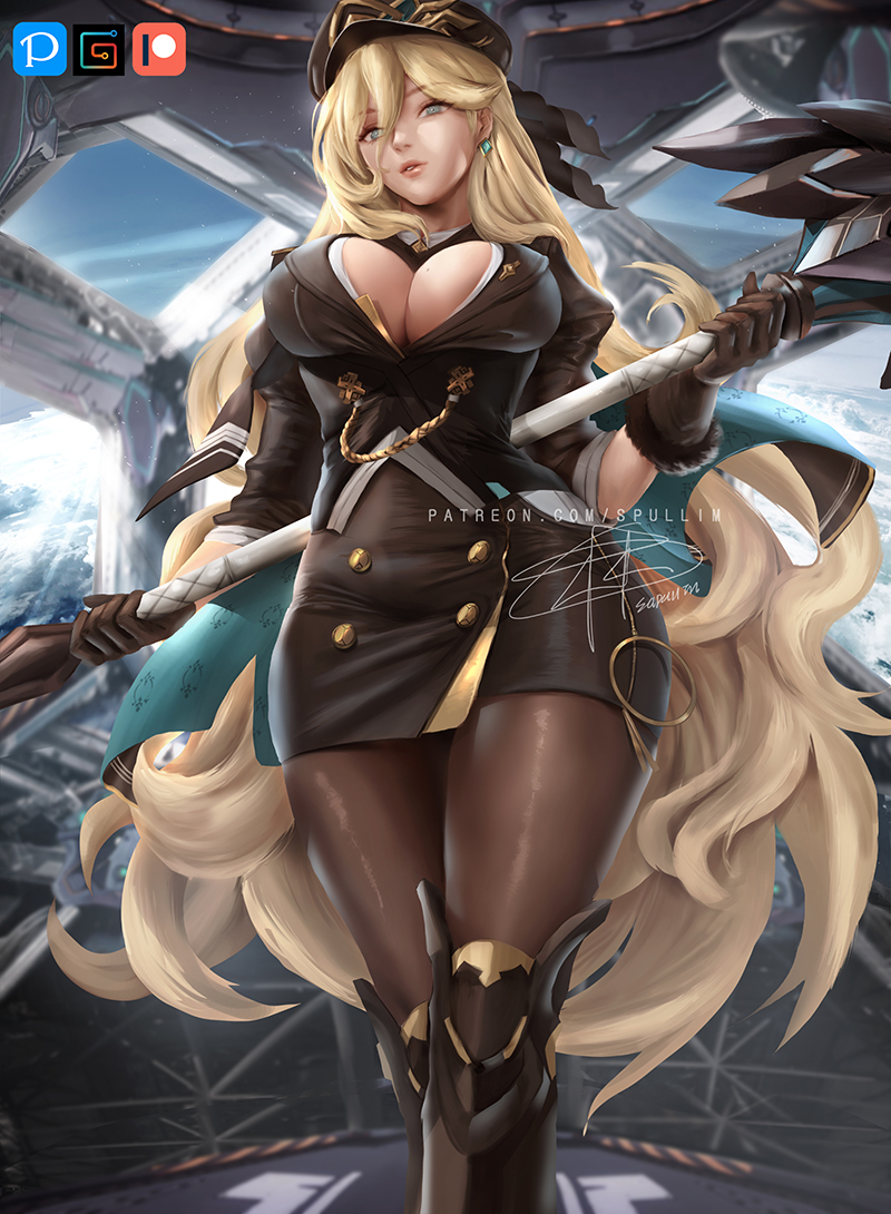 1girl, black_boots, black_gloves, black_jacket, blonde_hair, blue_eyes, boots, breasts, brown_pantyhose, cleavage, durandal_(honkai_impact), durandal_(valkyrie_gloria)_(honkai_impact), earrings, gloves, hair_between_eyes, hat, holding, holding_polearm, holding_weapon, honkai_(series), honkai_impact_3rd, indoors, jacket, jewelry, lips, long_hair, looking_at_viewer, military, military_hat, military_jacket, military_uniform, open_mouth, pantyhose, polearm, solo, spear, supullim, very_long_hair, wavy_hair, weapon