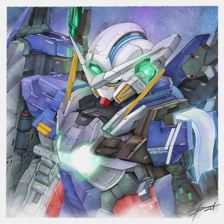 2022, artist_name, boris_(borisasf), cable, glowing, green_eyes, gundam, gundam_00