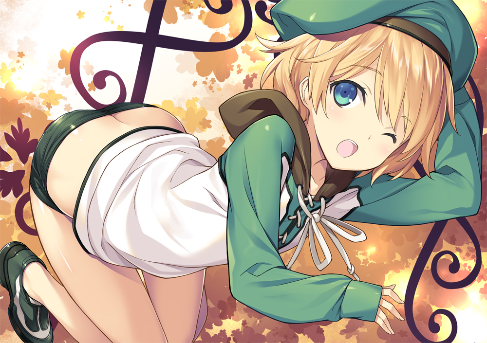 1girl, :o, asakura_hikaru, ass, bachelor, baldr_(series), baldr_force, bent_over, beret, blonde_hair, blue_eyes, blush, butt_crack, collarbone, green_footwear, green_hat, green_shorts, hat, hood, hoodie, kikuchi_seiji, long_sleeves, one_eye_closed, open_hand, shorts, sleeves_past_wrists, smile, solo