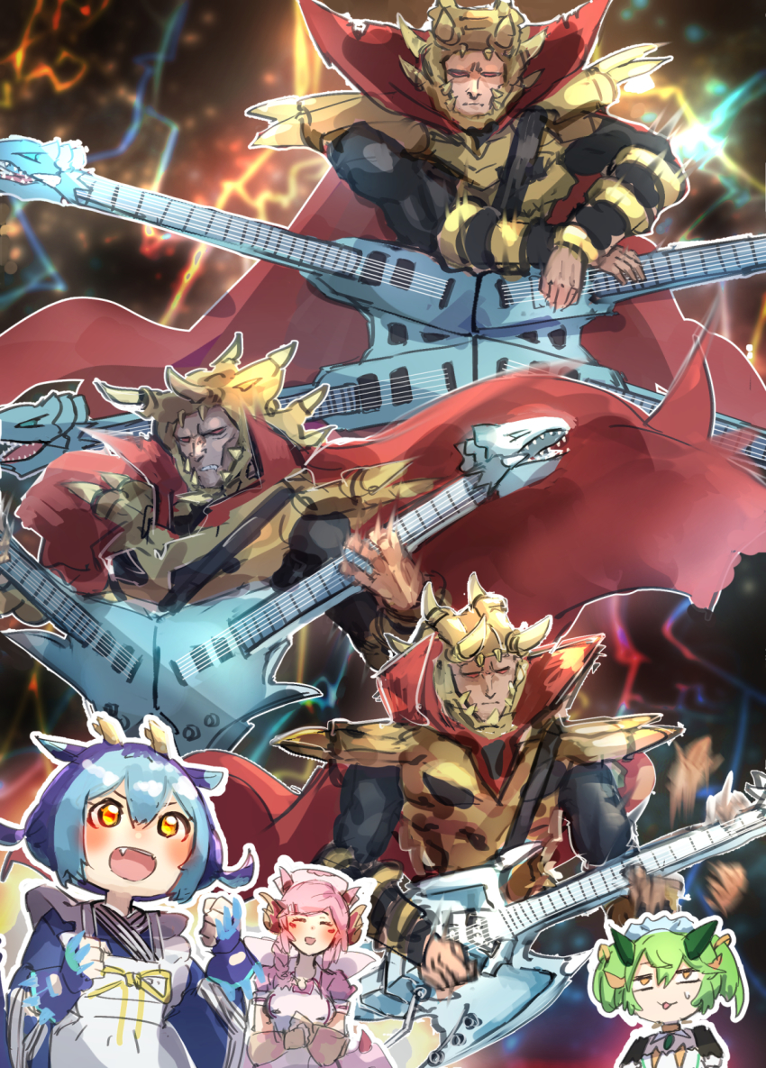 1boy, 3girls, apron, blue_hair, cape, dragon_girl, dragon_horns, dragonmaid_(yu-gi-oh!), dress, duel_monster, frilled_apron, frills, gloves, green_hair, guitar, gun, hat, hatano_kiyoshi, highres, holding, holding_gun, holding_weapon, horns, instrument, laundry_dragonmaid, long_hair, long_sleeves, lord_of_d., maid, maid_apron, maid_headdress, multicolored_hair, multiple_girls, music, nurse_cap, nurse_dragonmaid, open_mouth, own_hands_together, parlor_dragonmaid, pink_hair, playing_instrument, puffy_sleeves, red_eyes, short_hair, the_king_of_d., variations, weapon, yellow_eyes, yu-gi-oh!