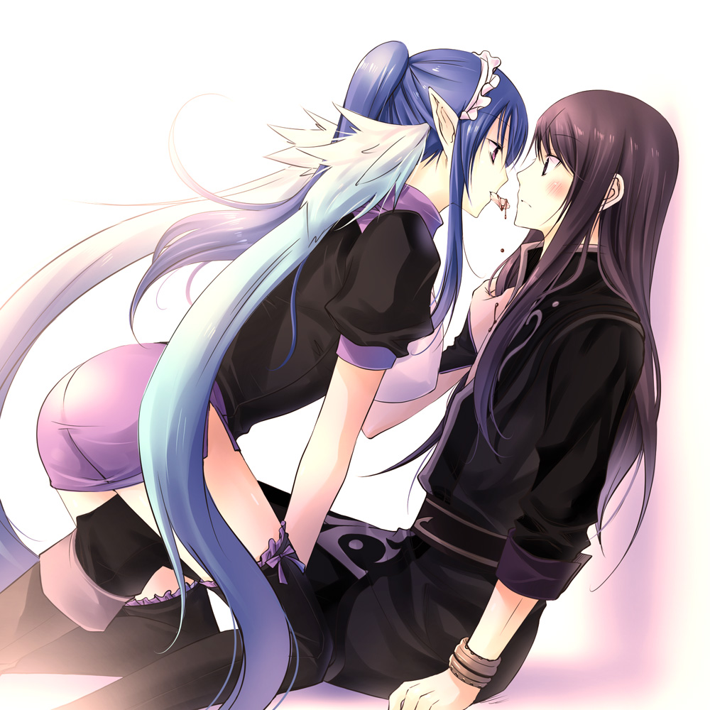 00s, 1boy, 1girl, all_fours, alternate_costume, blue_hair, brown_hair, clothes_grab, couple, elf, enmaided, grabbing_another's_shirt, hetero, judith_(glamorous_maid)_(tales), judith_(tales), long_hair, maid, mouth_hold, official_alternate_costume, pointy_ears, ponytail, red_eyes, sleeves_rolled_up, tales_of_(series), tales_of_vesperia, thighhighs, vanilla_(artist), vanilla_(nicolla), yuri_lowell