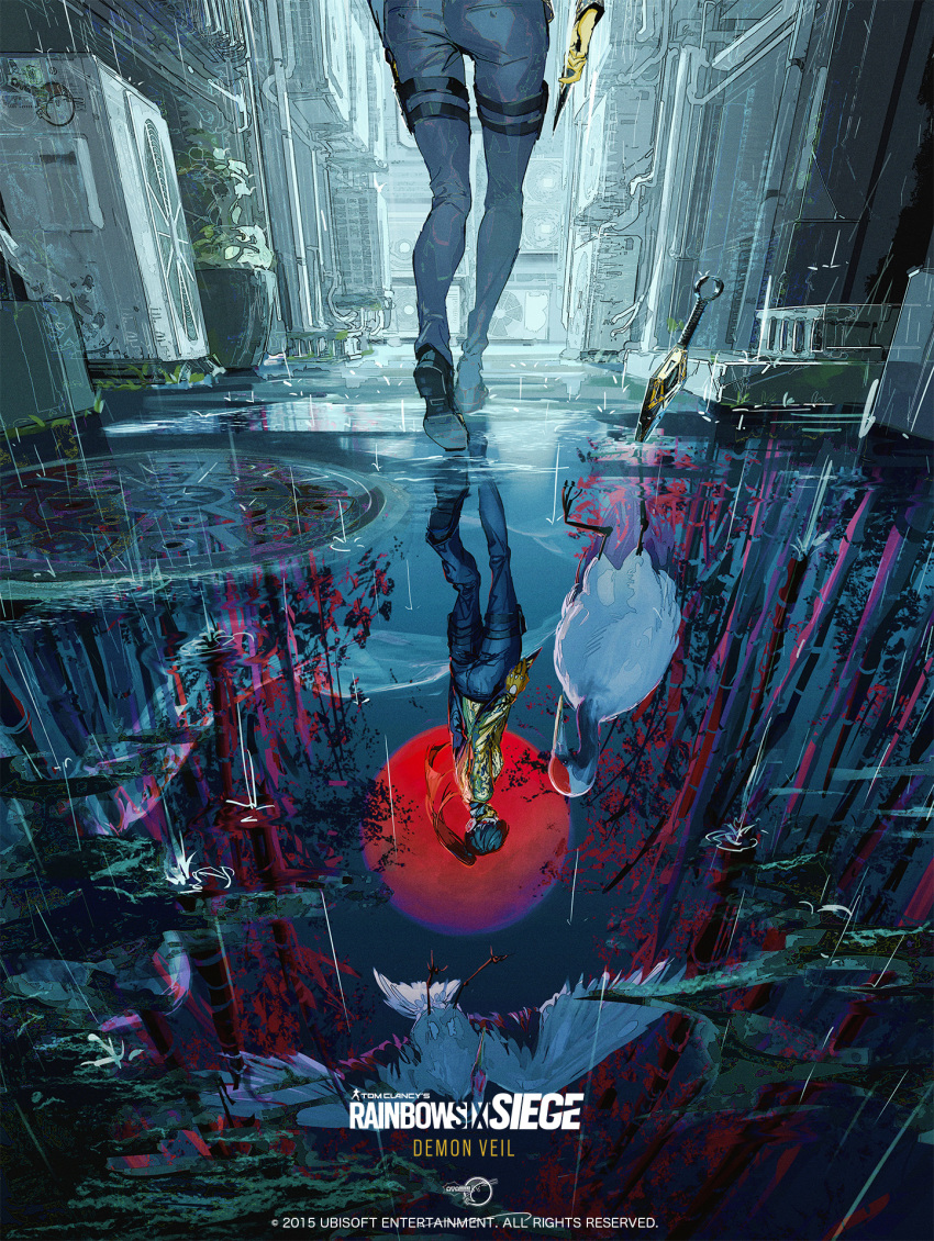 1girl, animal, ass, azami_(rainbow_six_siege), bird, brown_hair, copyright_name, gloves, highres, kunai, long_hair, manhole_cover, mask, moon, mouth_mask, ponytail, poster_(medium), puddle, rain, rainbow_six_siege, red_eyes, red_moon, reflection, rolua, solo, water, weapon, yellow_gloves