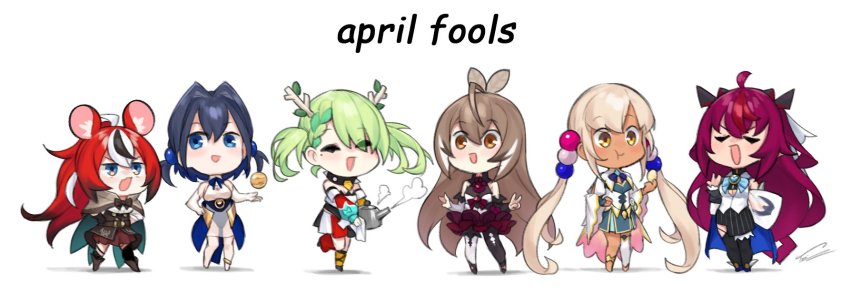 6+girls, :t, ahoge, alternate_hairstyle, april_fools, black_hair, blonde_hair, blue_eyes