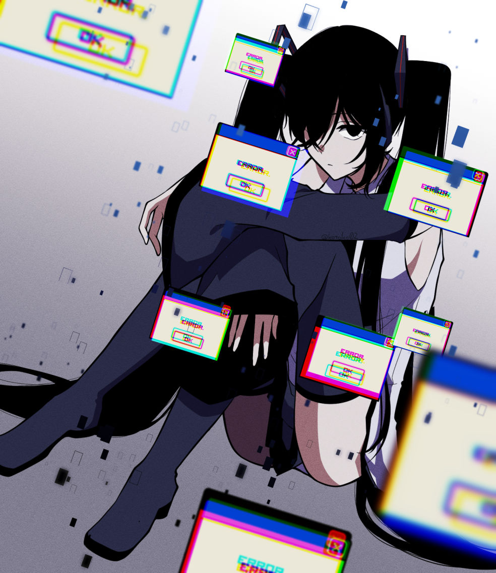 1girl, alternate_eye_color, alternate_hair_color, black_eyes, black_hair, blank_eyes, boots, detached_sleeves