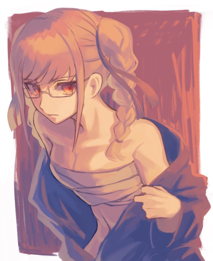 1girl, alternate_costume, bare_shoulders, border, braid, breasts, cleavage, closed_mouth