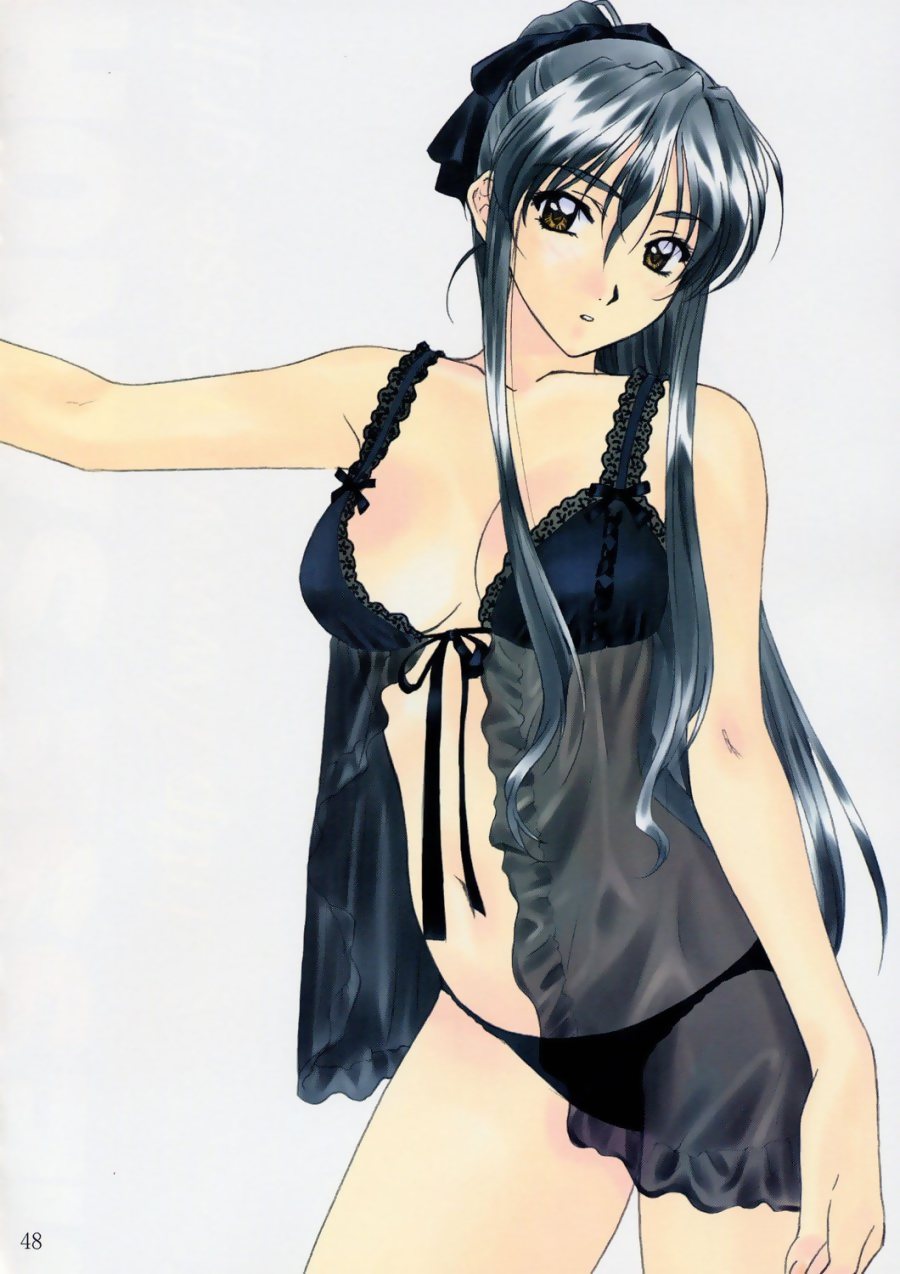 1990s_(style), 1girl, arm_support, babydoll, black_bra, black_hair, black_panties, black_theme, bow, bra, breasts, brown_eyes, chemise, female_focus, hair_bow, highres, large_breasts, leaning, lingerie, long_hair, matsuoka_chie, nightgown, panties, polorinken, retro_artstyle, see-through_clothes, sentimental_graffiti, solo, standing, underwear, underwear_only