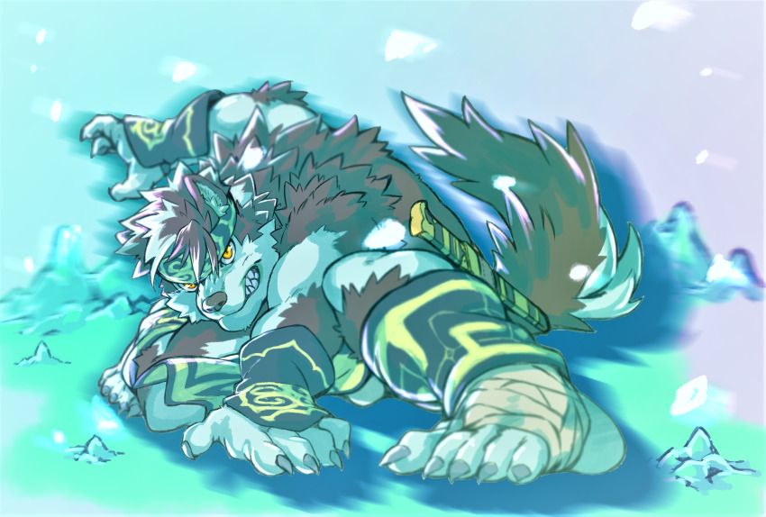 1boy, absurdres, ainu_clothes, animal_ears, bandaged_foot, bandages, bara, clenched_teeth, clothes_lift, eye_trail, fighting_stance, fingernails, furry, furry_male, grey_hair, headband, heylaw, highres, horkeu_kamui, light_trail, looking_at_viewer, male_focus, multicolored_hair, muscular, muscular_male, pelvic_curtain, pelvic_curtain_lift, serious, sharp_fingernails, short_hair, solo, tail, teeth, tokyo_houkago_summoners, topless_male, two-tone_hair, white_fur, wolf_boy, wolf_ears, wolf_tail, yellow_eyes