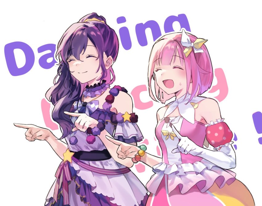 2girls, asahina_mafuyu, belt, black_belt, bob_cut, bow, bracelet, choker, closed_eyes, closed_mouth, commentary, detached_sleeves, dress, gloves, hair_bow, happiness_sentai_sanisani☆wonder!_(project_sekai), high_ponytail, jewelry, layered_dress, long_hair, lyrics, megurine_luka, multiple_girls, ootori_emu, pink_dress, pointing, pointing_to_the_side, ponytail, positive_dance_time_(vocaloid), project_sekai, project_sekai:_april_fools_2022, puffy_detached_sleeves, puffy_sleeves, purple_choker, purple_dress, purple_hair, short_hair, short_sleeves, single_glove, smile, star_ornament, sweat, upper_body, vocaloid, wonderlands_x_showtime_luka