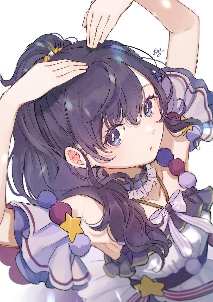 1girl, asahina_mafuyu, belt, black_belt, bow, bowtie, cherico, choker, detached_sleeves, dress, foreshortening, from_above, happiness_sentai_sanisani☆wonder!_(project_sekai), heart_arms, looking_at_viewer, megurine_luka, pom_pom_(clothes), ponytail, project_sekai, project_sekai:_april_fools_2022, purple_bow, purple_bowtie, purple_choker, purple_dress, purple_eyes, purple_hair, short_sleeves, signature, simple_background, solo, star_ornament, upper_body, white_background