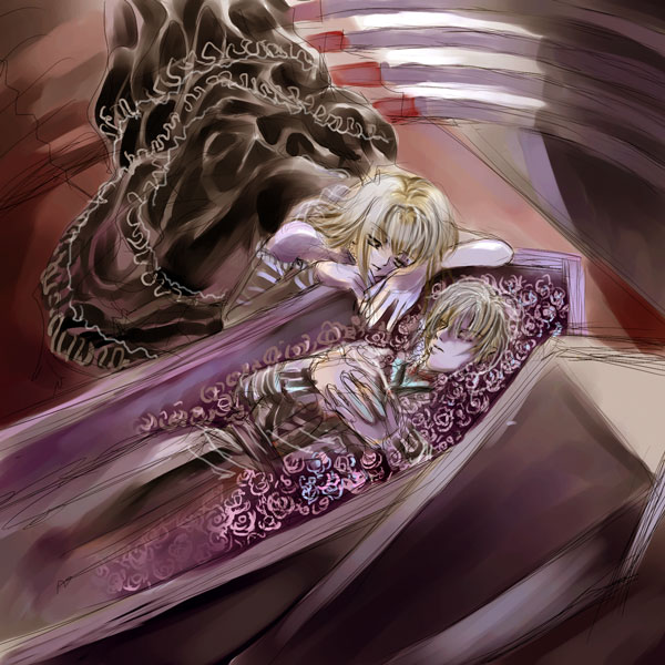 1boy, 1girl, bare_shoulders, black_dress, blonde_hair, brother_and_sister, coffin, corpse, cross-empire, death, dress, eldigan_(fire_emblem), fire_emblem, fire_emblem:_genealogy_of_the_holy_war, lachesis_(fire_emblem), nintendo, sad, siblings