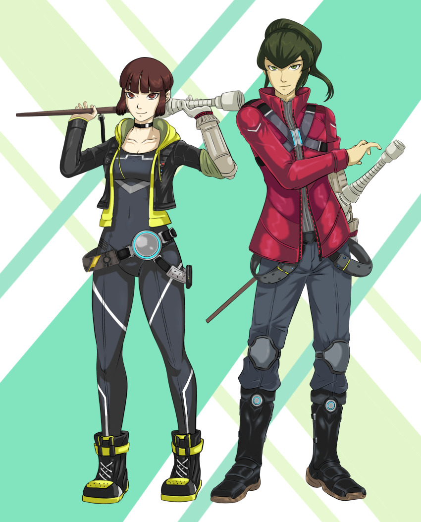 1boy, 1girl, alternate_costume, badge, belt, belt_buckle, black_jacket, black_legwear