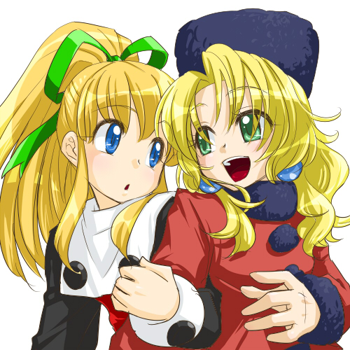 2girls, black_headwear, black_sleeves, blonde_hair, blue_eyes, buttons, commentary_request, dress