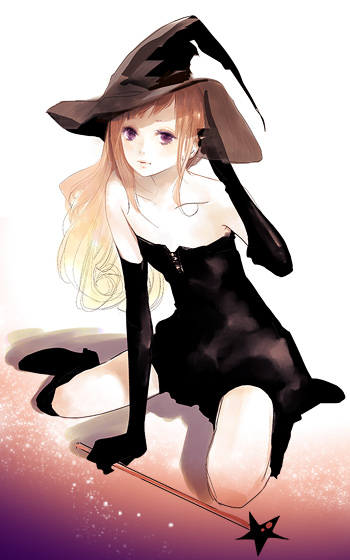 1girl, ayukonote, bare_shoulders, black_boots, black_dress, black_gloves, black_hat, blush, boots, breasts, brown_hair, collarbone, dress, elbow_gloves, female_focus, full_body, gloves, hand_up, hat, kneehighs, long_hair, looking_at_viewer, original, purple_eyes, shadow, sitting, sleeveless, sleeveless_dress, small_breasts, socks, solo, spread_legs, strapless, strapless_dress, swept_bangs, wand, wariza, white_background, witch_hat