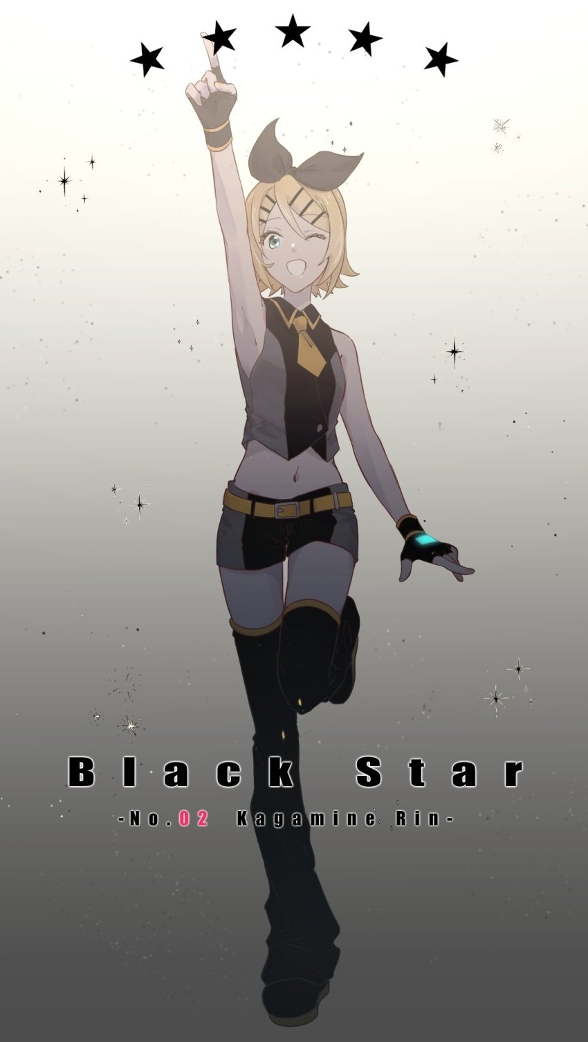 1girl, ;d, arm_up, armpits, bare_arms, belt, belt_buckle, black_bow