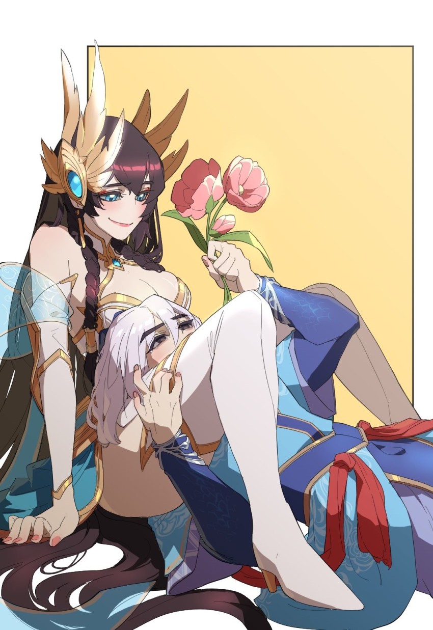 arm_support, blue_eyes, braid, breasts, ddlggoddadda, detached_sleeves, divine_sword_irelia, enduring_sword_talon, flower, green_eyes, hair_between_eyes, high_heels, highres, holding, holding_flower, irelia, league_of_legends, long_hair, long_sleeves, looking_at_another, lying, medium_breasts, on_back, sitting, smile, talon_(league_of_legends), thighhighs, yellow_background