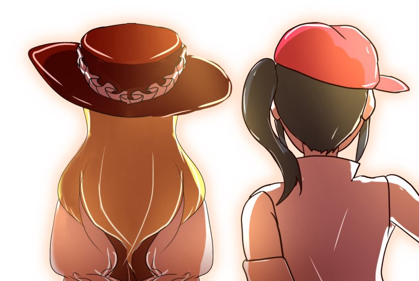 back, black_hair, blonde_hair, dolls_in_pseudo_paradise, from_behind, hat, highres, jacket_girl_(dipp)