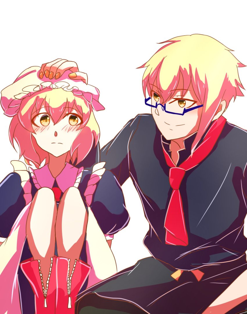 blonde_hair, blush, boots, cleaning_maid_(touhou), collared_shirt, gender_request, genderswap, glasses