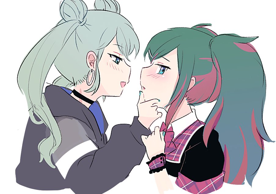 2girls, aqua_nails, black_jacket, blush, choker, colored_tips, commentary, double_bun