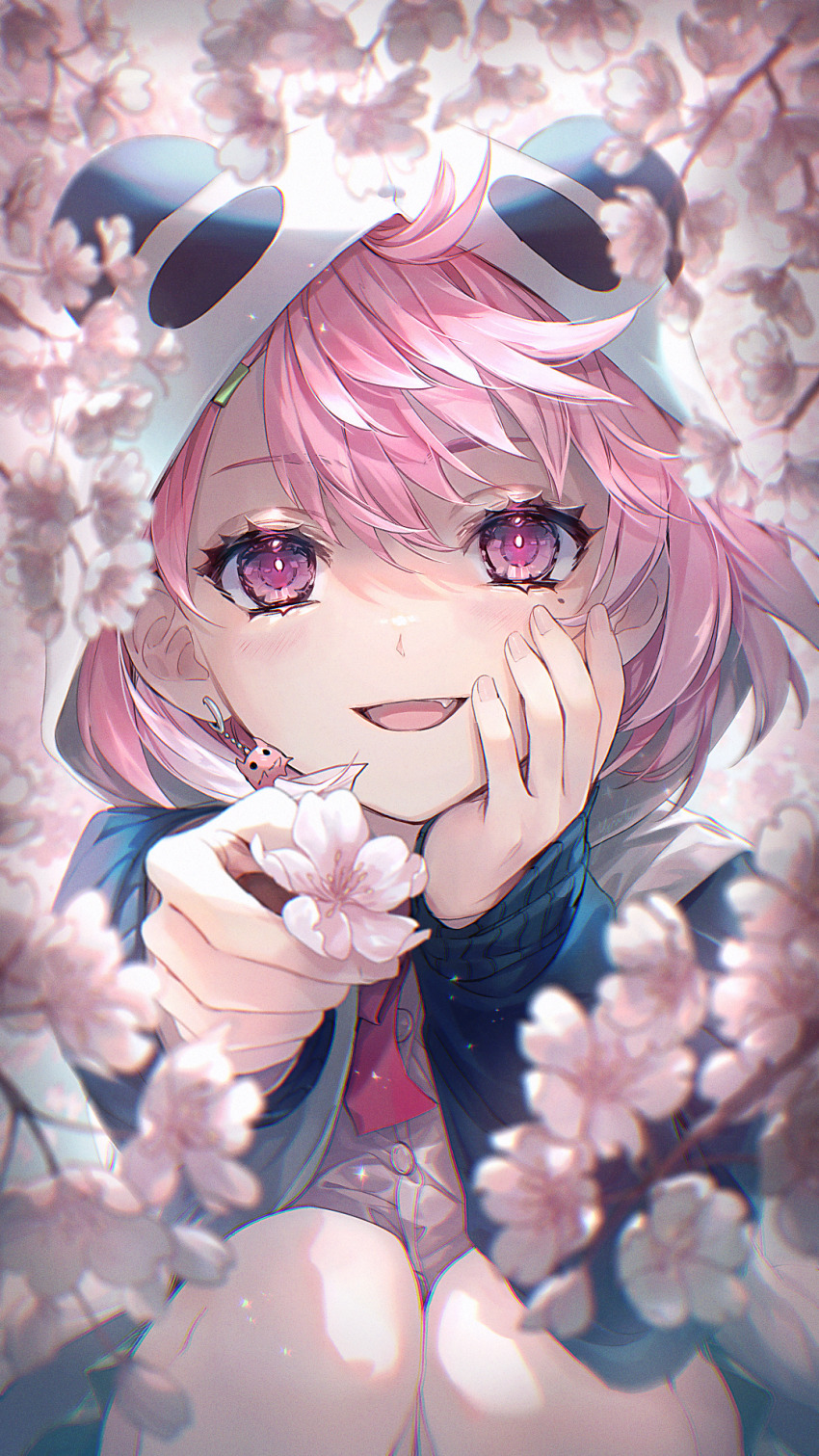 1girl, :d, animal_hood, blue_sweater, blurry, blurry_foreground, bright_pupils, buttons