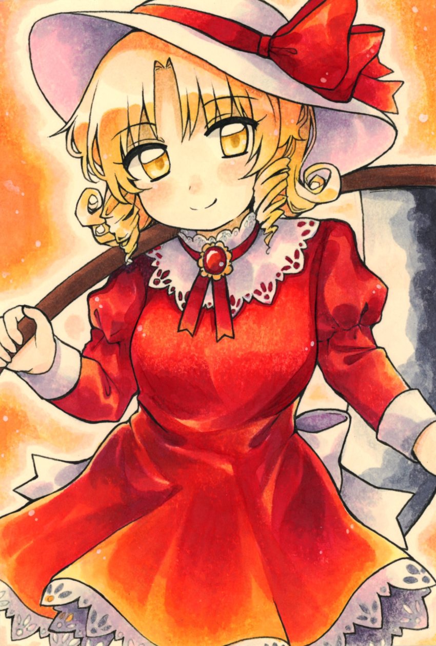 1girl, blonde_hair, bow, breasts, commentary_request, curly_hair, dress, drill_hair