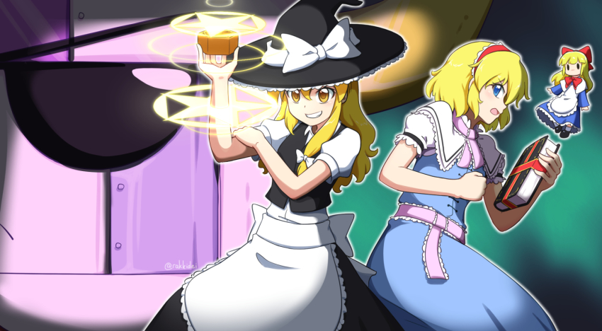 4girls, alice_margatroid, apron, ascot, back_bow, black_headwear, black_skirt, black_vest