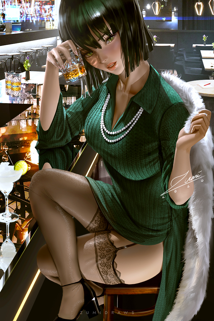 1g_no_izumi, alcohol, bar_(place), black_thighhighs, bob_cut, breasts, champagne, champagne_bottle, cleavage, coat, cocktail, cocktail_glass, crossed_legs, cup, dress, drinking_glass, fubuki_(one-punch_man), fur_coat, garter_straps, green_dress, green_eyes, green_hair, high_heels, jewelry, large_breasts, lips, looking_at_viewer, necklace, one-punch_man, parted_lips, pearl_necklace, realistic, short_hair, side_slit, sitting, solo, straight_hair, thighhighs, whiskey, zumi_(zumidraws)