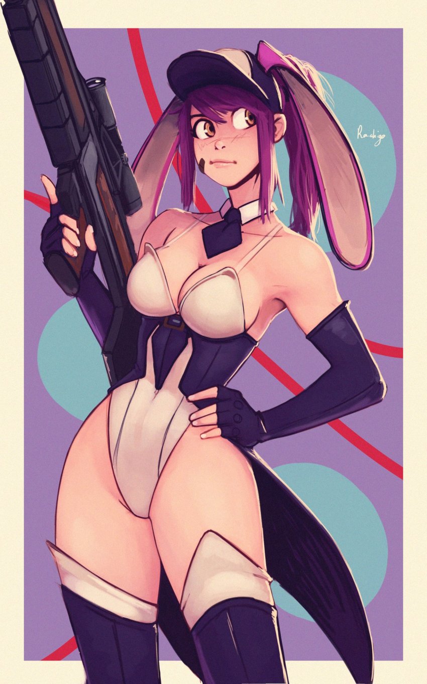 1girl, animal_ears, bandaid, bandaid_on_cheek, bandaid_on_face, baseball_cap, black_boots, boots, border, breasts, cleavage, coattails, commentary, corset, detached_collar, ears_through_headwear, elbow_gloves, english_commentary, fake_animal_ears, fingerless_gloves, gift_art, gloves, gun, hand_on_own_hip, hat, highleg, highleg_leotard, highres, leah_(airisubaka), leotard, long_hair, looking_away, medium_breasts, necktie, nontraditional_playboy_bunny, original, outside_border, ponytail, purple_hair, rabbit_ears, raichiyo33, rifle, scope, short_necktie, sniper_rifle, solo, spaghetti_strap, tailcoat, thigh_boots, thighhighs, thighhighs_under_boots, trigger_discipline, weapon, white_border, white_leotard, white_thighhighs