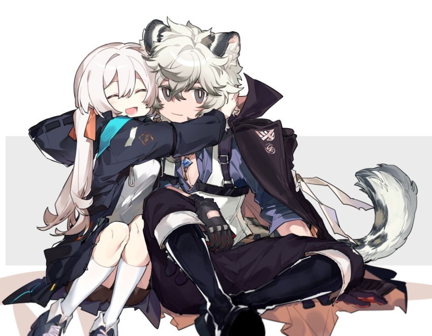 1boy, 1girl, :d, ^_^, animal_ear_fluff, animal_ears, arknights, baiwei_er_hao_ji