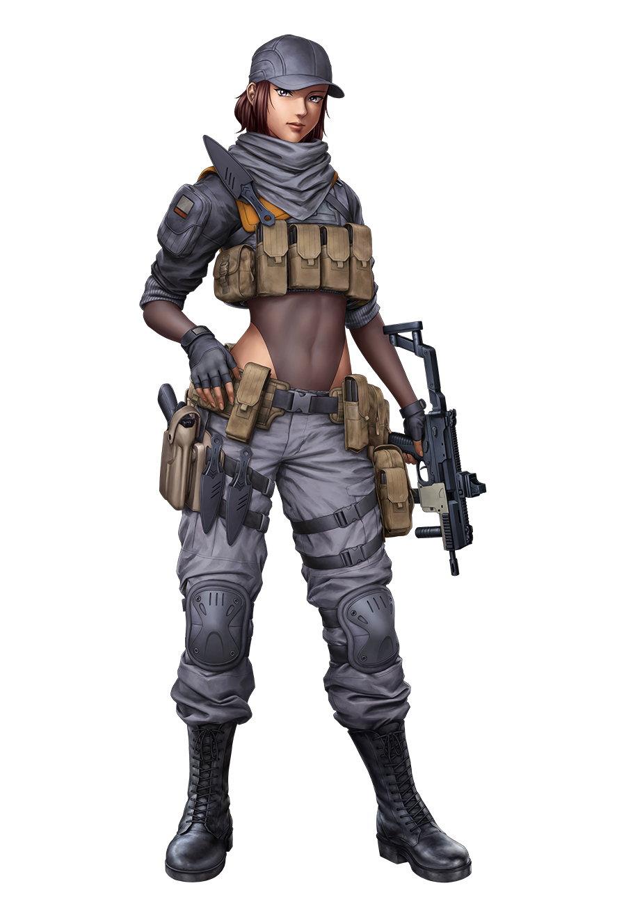 1girl, baseball_cap, boots, breasts, brown_hair, character_request, covered_navel, fingerless_gloves, full_body, gloves, hat, highleg, highleg_leotard, highres, knife, kuniyasu_ikki, large_breasts, leotard, leotard_under_clothes, lilith-soft, lips, long_hair, looking_at_viewer, military, military_uniform, simple_background, soldier, taimanin_(series), taimanin_asagi, taimanin_rpgx, thong_leotard, white_background, wide_hips