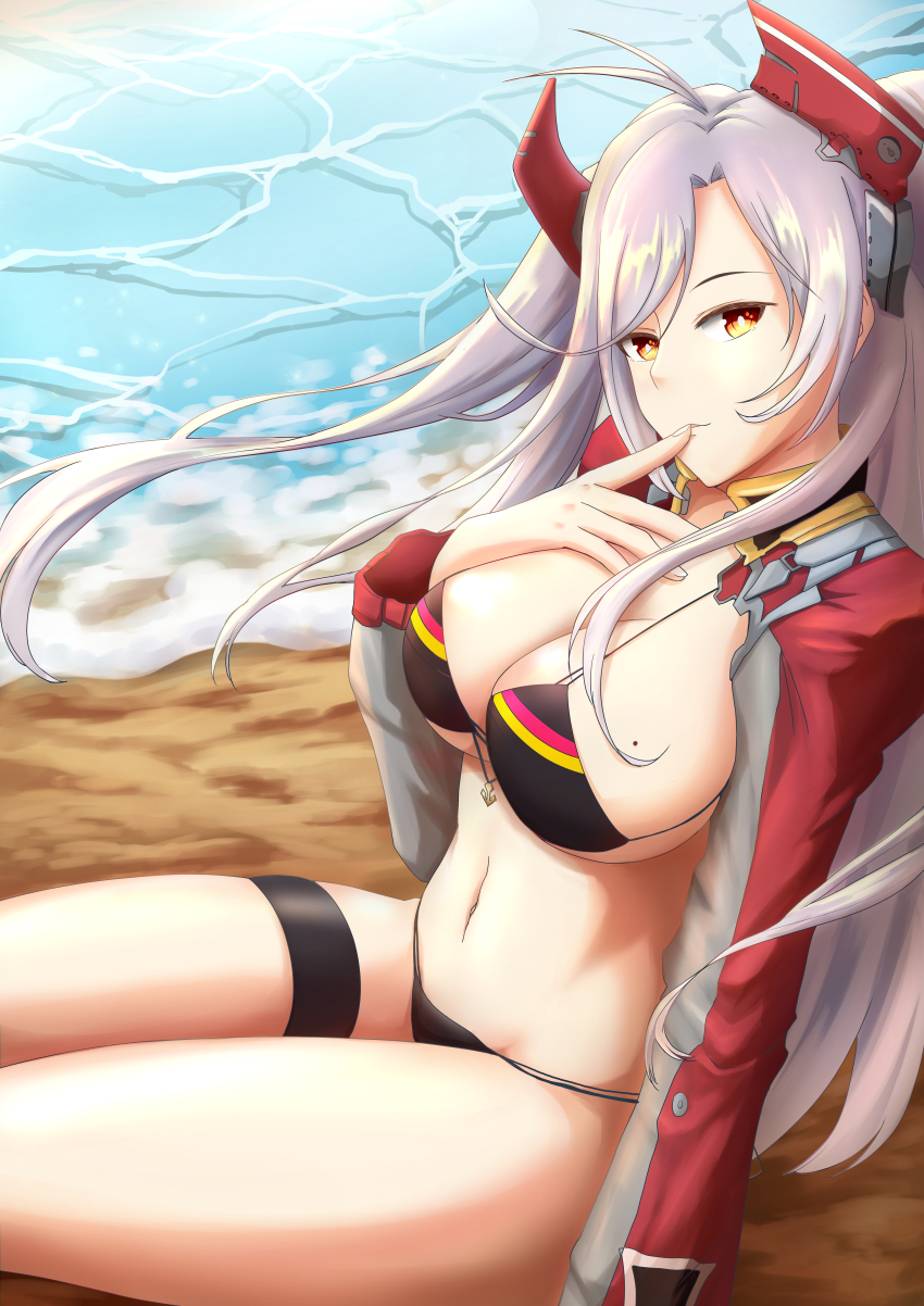 1girl, absurdres, azur_lane, beach, bikini, bikini_under_clothes, black_bikini, breasts