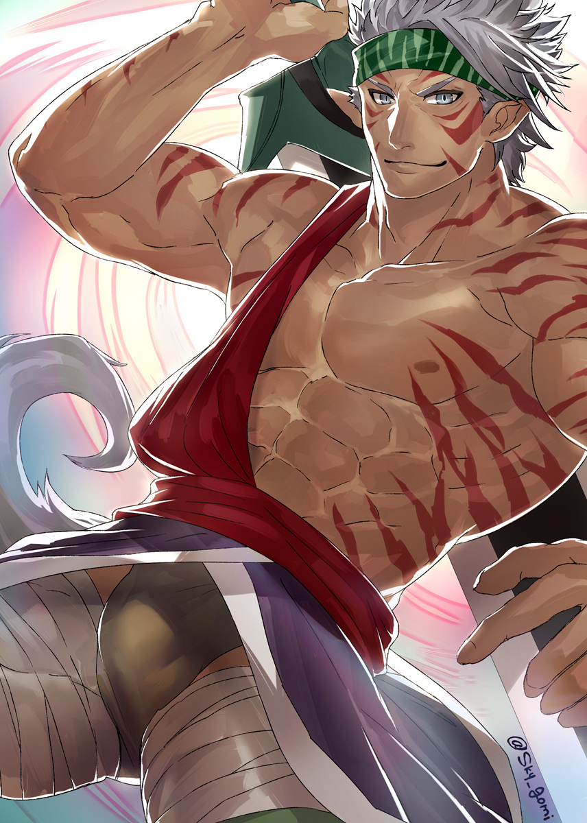 1boy, abs, artist_name, bandages, bara, bare_pectorals, belt, biceps