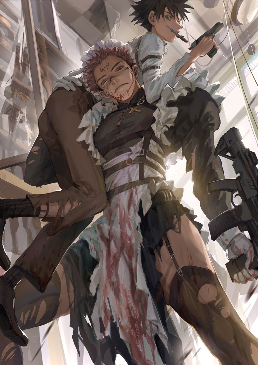 2boys, alternate_costume, apron, ass, assault_rifle, black_dress, black_hair, blood