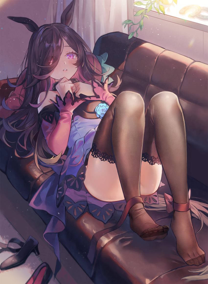 1girl, animal_ears, bare_shoulders, blue_flower, blue_rose, blush, brown_hair, brown_thighhighs