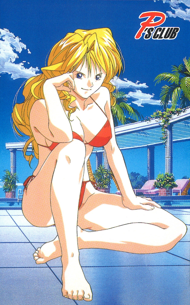 1990s_(style), 1girl, barefoot, beach_chair, bikini, blonde_hair, blue_eyes, breasts