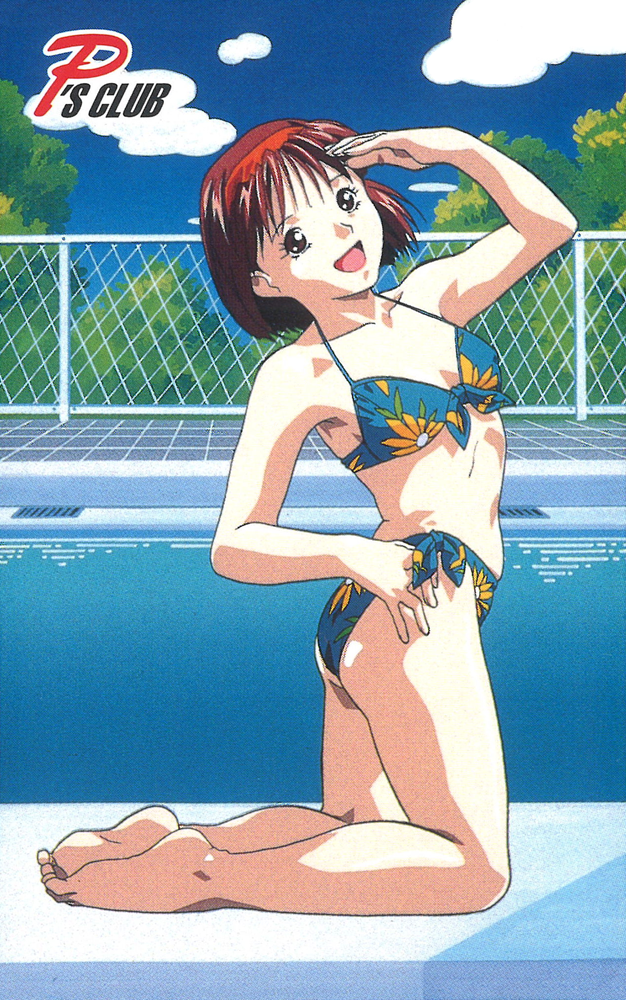 1990s_(style), 1girl, arm_up, barefoot, bikini, blue_bikini, day, floral_print