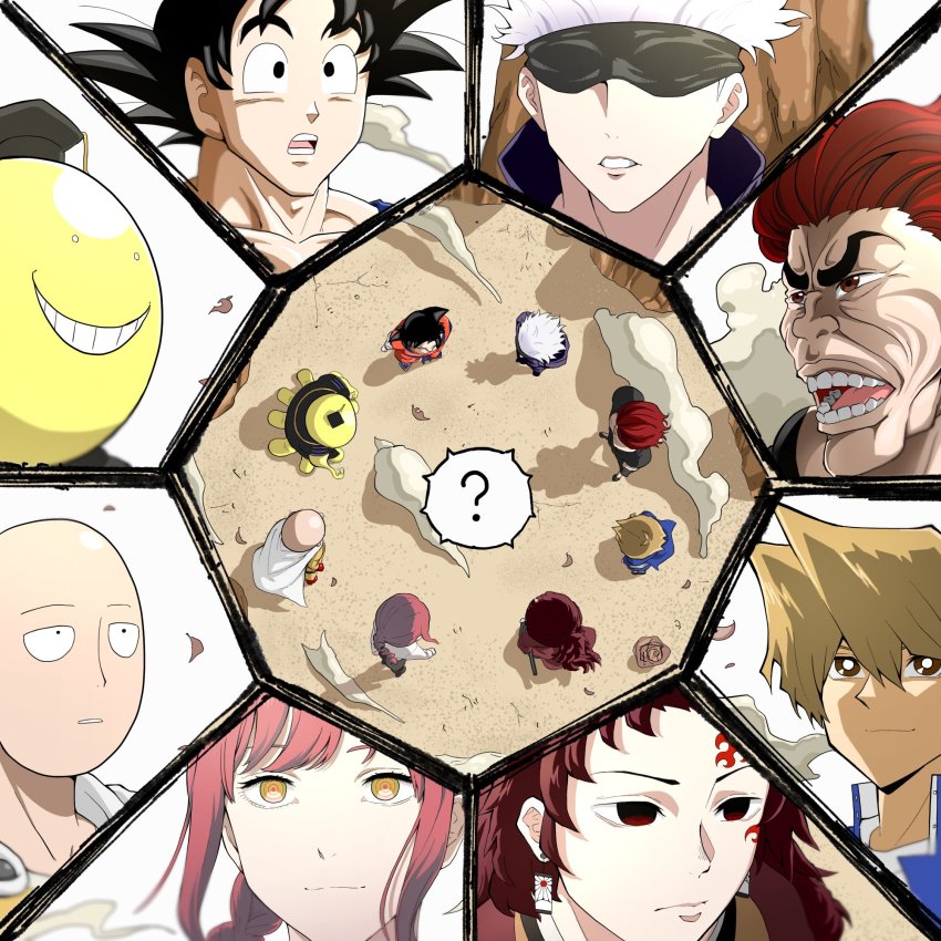 1girl, 6+boys, ?, ansatsu_kyoushitsu, bald, black_hair, blank_eyes, blindfold, braid, braided_ponytail, bright_pupils, brown_eyes, chainsaw_man, crossover, day, dragon_ball, earrings, from_above, gojo_satoru, grappler_baki, gyoza_2001, hanma_yujiro, highres, jewelry, jonouchi_katsuya, jujutsu_kaisen, kimetsu_no_yaiba, koro-sensei, light_brown_hair, long_hair, looking_at_another, makima_(chainsaw_man), multiple_boys, multiple_crossover, one-punch_man, orange_eyes, outdoors, parted_lips, red_hair, ringed_eyes, saitama_(one-punch_man), scar, scar_on_face, scar_on_forehead, shadow, short_hair, silver_hair, single_braid, son_goku, speech_bubble, spiked_hair, spoken_question_mark, standing, tsugikuni_yoriichi, v-shaped_eyebrows, white_pupils, yu-gi-oh!