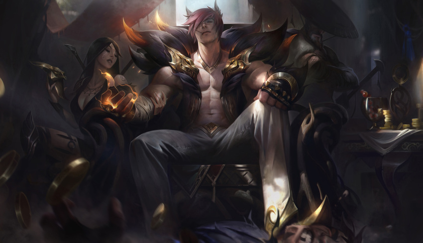 1girl, 2boys, abs, absurdres, alex_flores, animal_ears, bandages, bare_pectorals