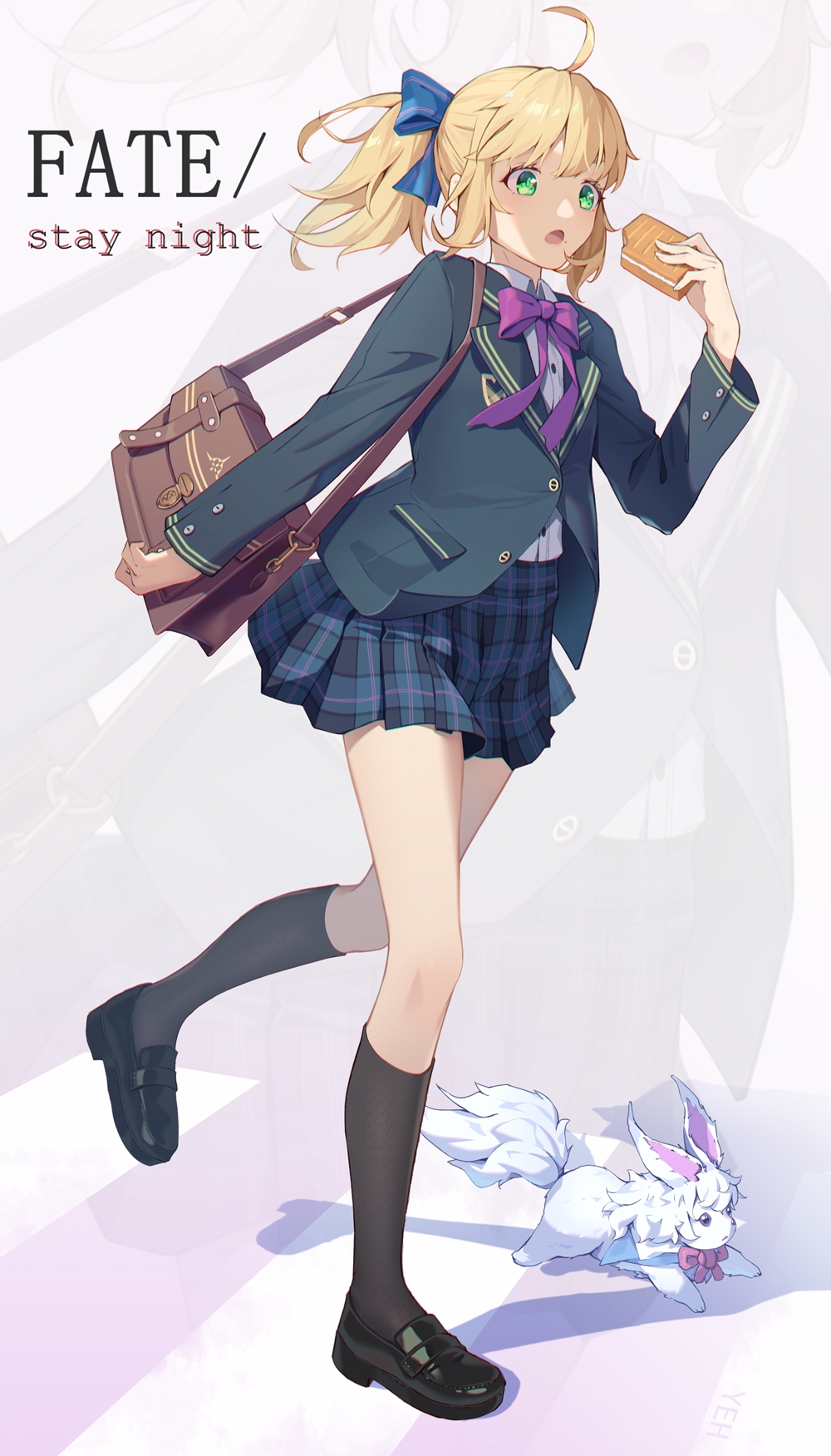 1girl, ahoge, artoria_pendragon_(fate), bag, blonde_hair, bow, bowtie, commentary_request