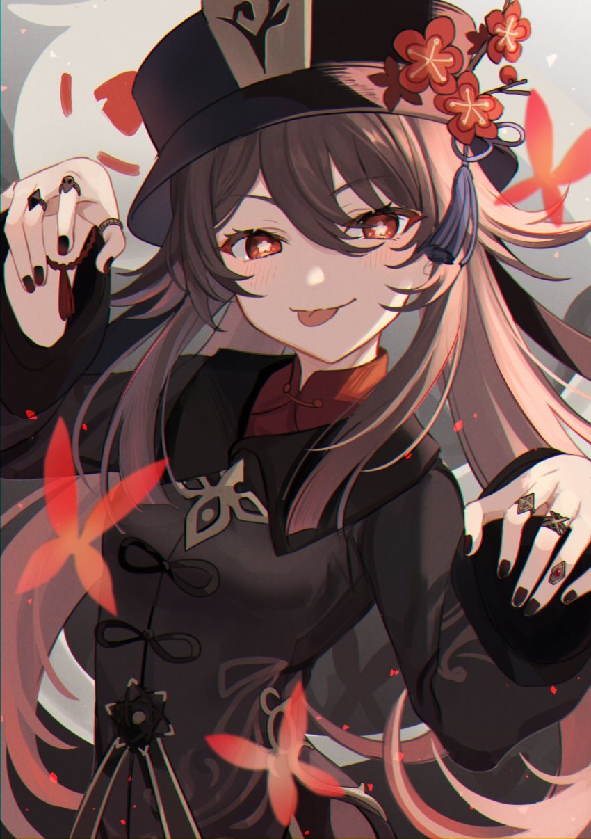 1girl, black_hat, black_nails, blush, bracelet, breasts, brown_hair, bug